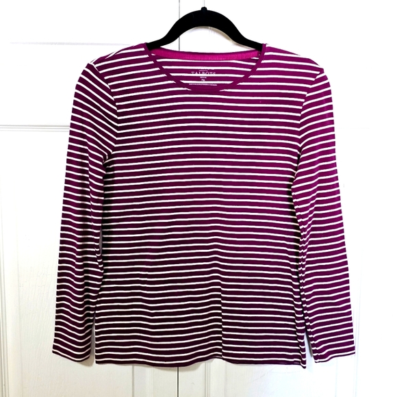 "THE TALBOTS TEE" Women's Size Medium Petite Fuschia & White Striped Shirt - Picture 1 of 2